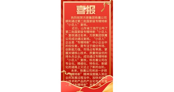 热烈祝贺老哥俱乐部集团铁鹰公司 顺利通过第二批国家级专精特新 “小巨人”复核。